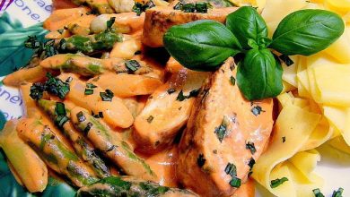 Photo of Spargel in rosa Basilikum – Käse – Sauce mit Filet vom Huhn oder Pute