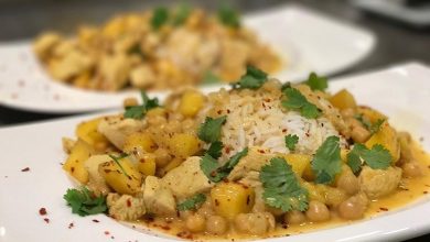 Photo of Hühnchencurry mit Kichererbsen und Mangostücken