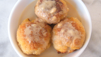 Photo of Fadenförmige Grießkroketten in weißer Soße