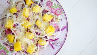 Photo of MANGO-CARPACCIO MIT GRANAS und LILA KOHL | LIGHT-Rezept in 5 Minuten