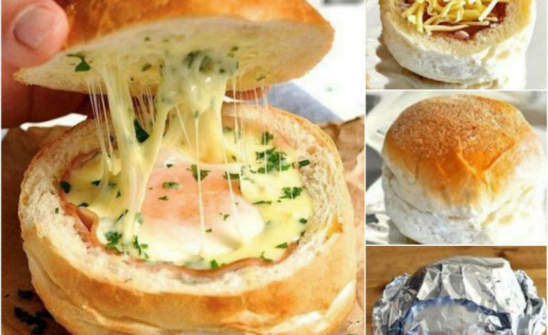 Photo of Ei-Schinken-Brötchen: Brötchen aufschneiden und aushöhlen, Schinken, Ei und Käse rein und ab in den Ofen!