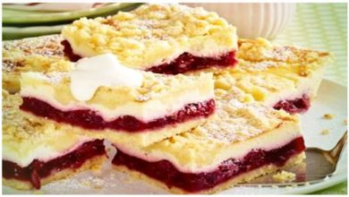 Photo of Käse-Streuselkuchen vom Blech mit Kirschkompott