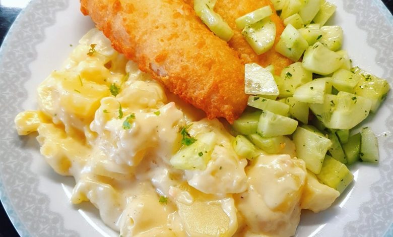 Photo of Rahmkartoffeln mit Ofen-Backfisch und Gurkensalat